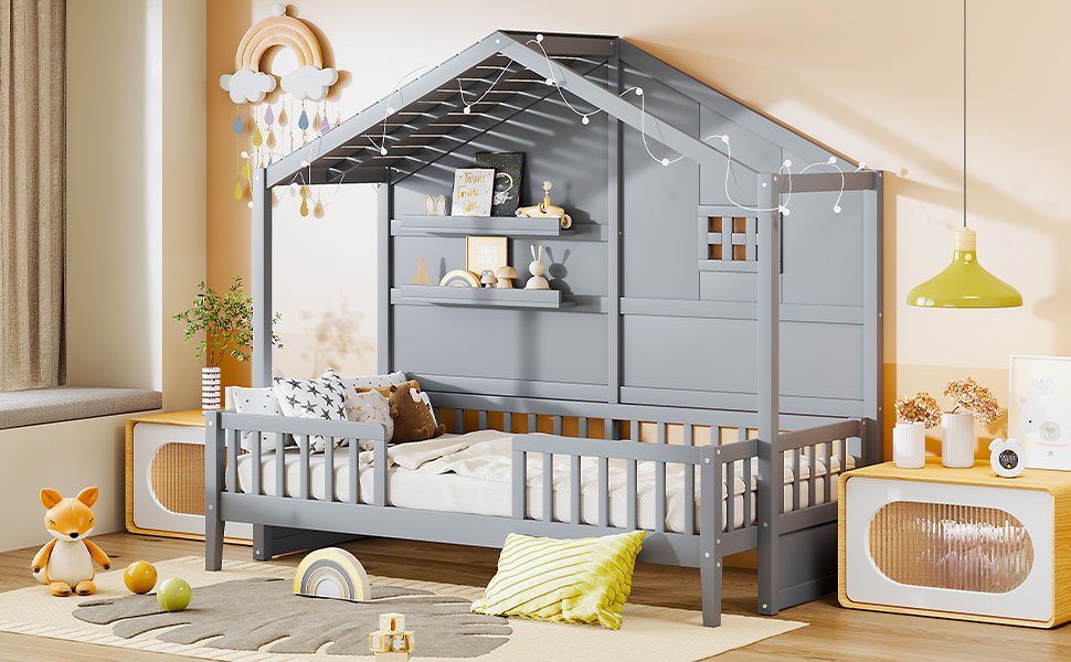 Twin Size House Bed With Shelves, Window And Sparkling Light Strip On The Roof - Gray - Image 20