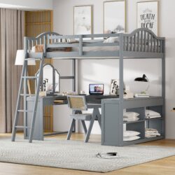 Full Loft Bed With U Shaped Desk, Storage Compartments And Tri Fold Mirror - Gray