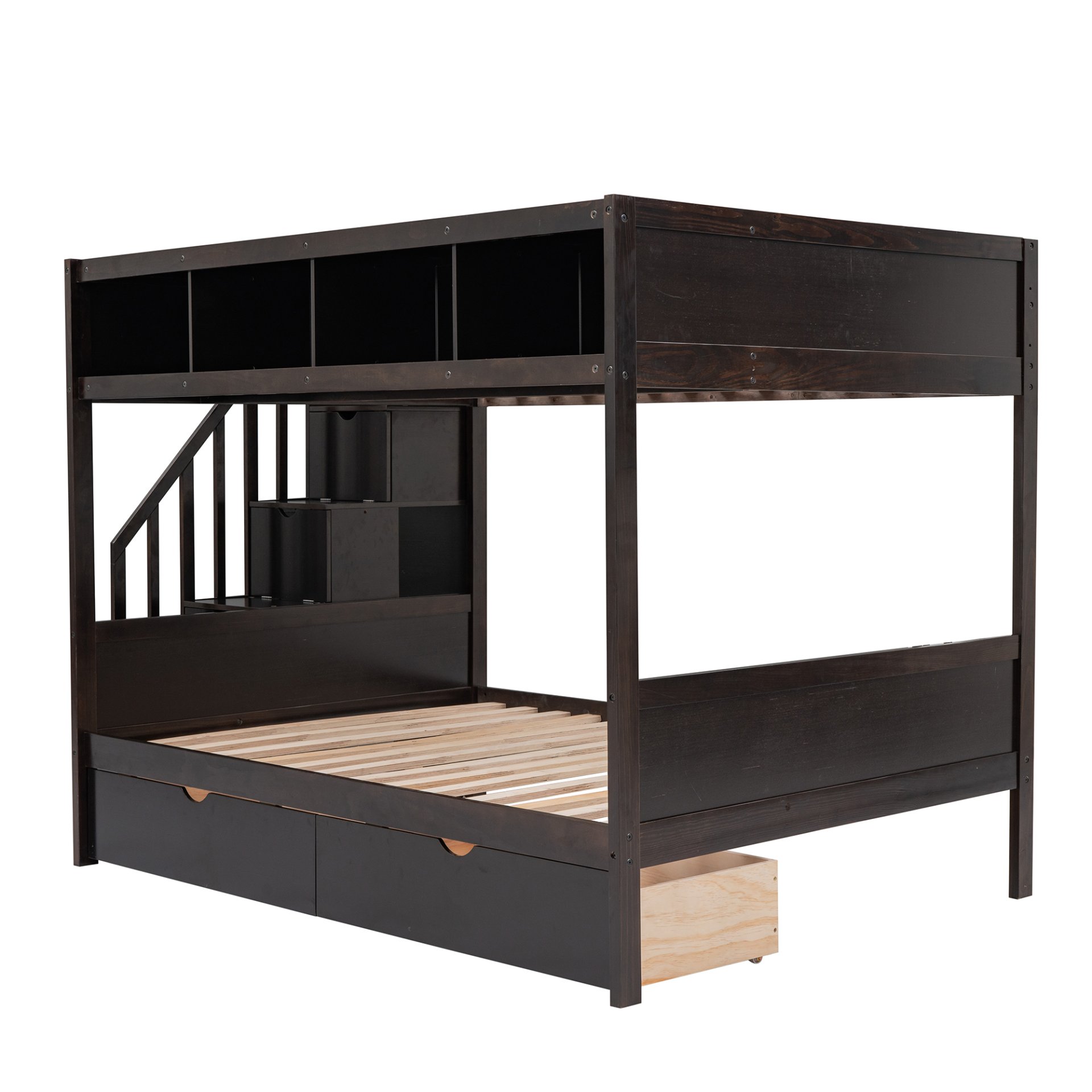 Twin Over Full Bunk Bed With Shelfs, Storage Staircase And 2 Drawers - Espresso - Image 6