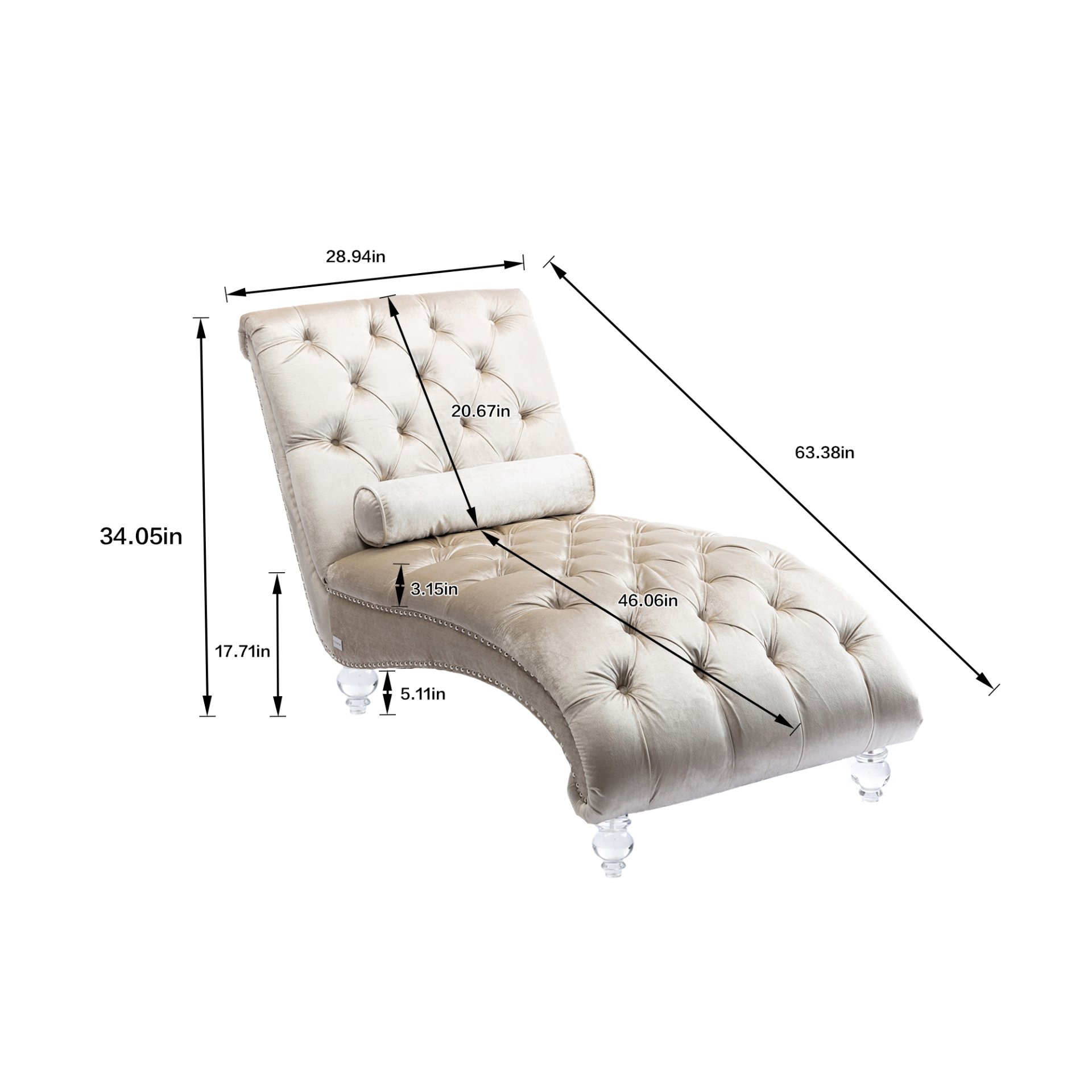 Velvet Chaise Lounge Indoor, Button Tufted Upholstered Chair With Pillow - Beige - Image 4