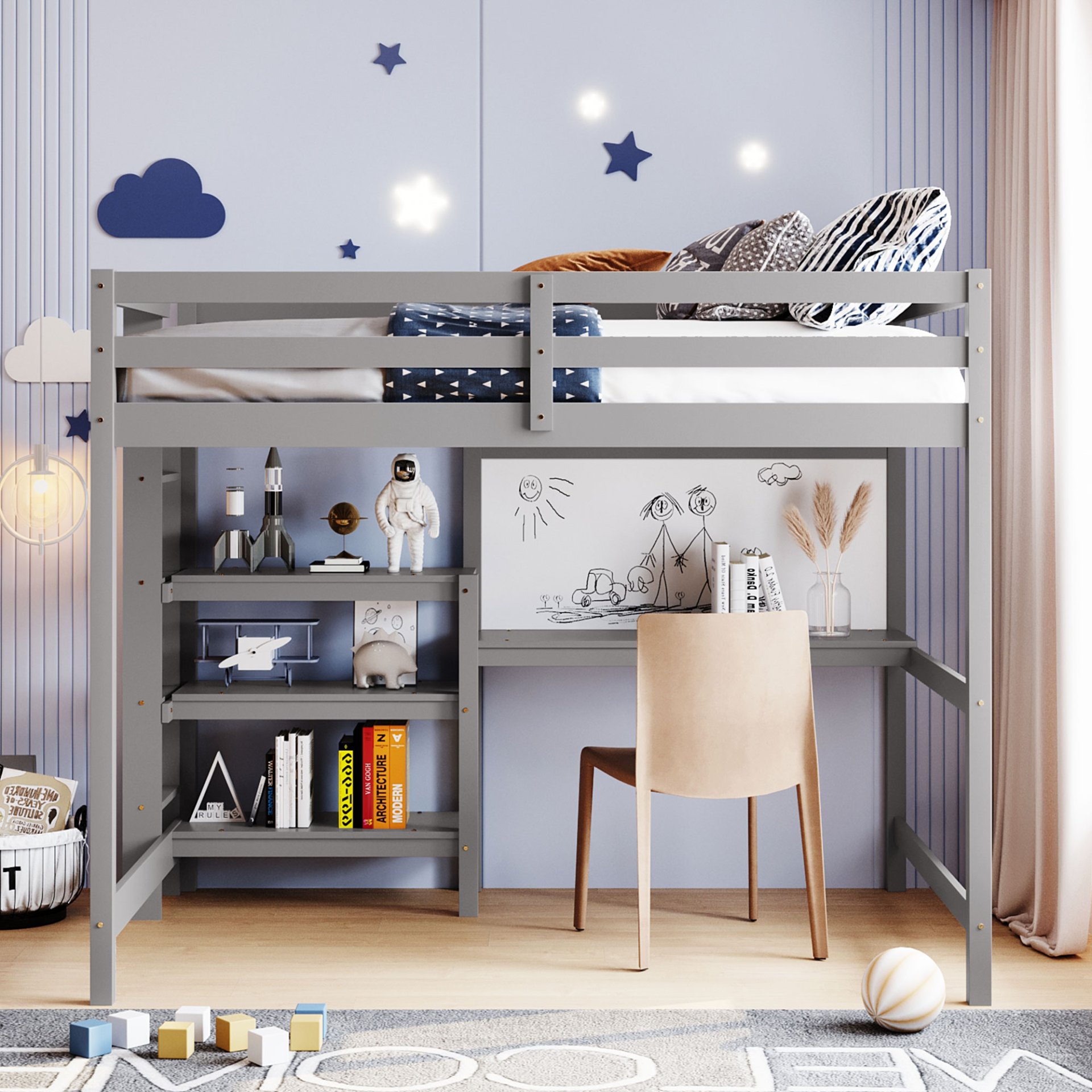 Full Size Loft Bed With Shelves, Desk And Writing Board - Gray - Image 4