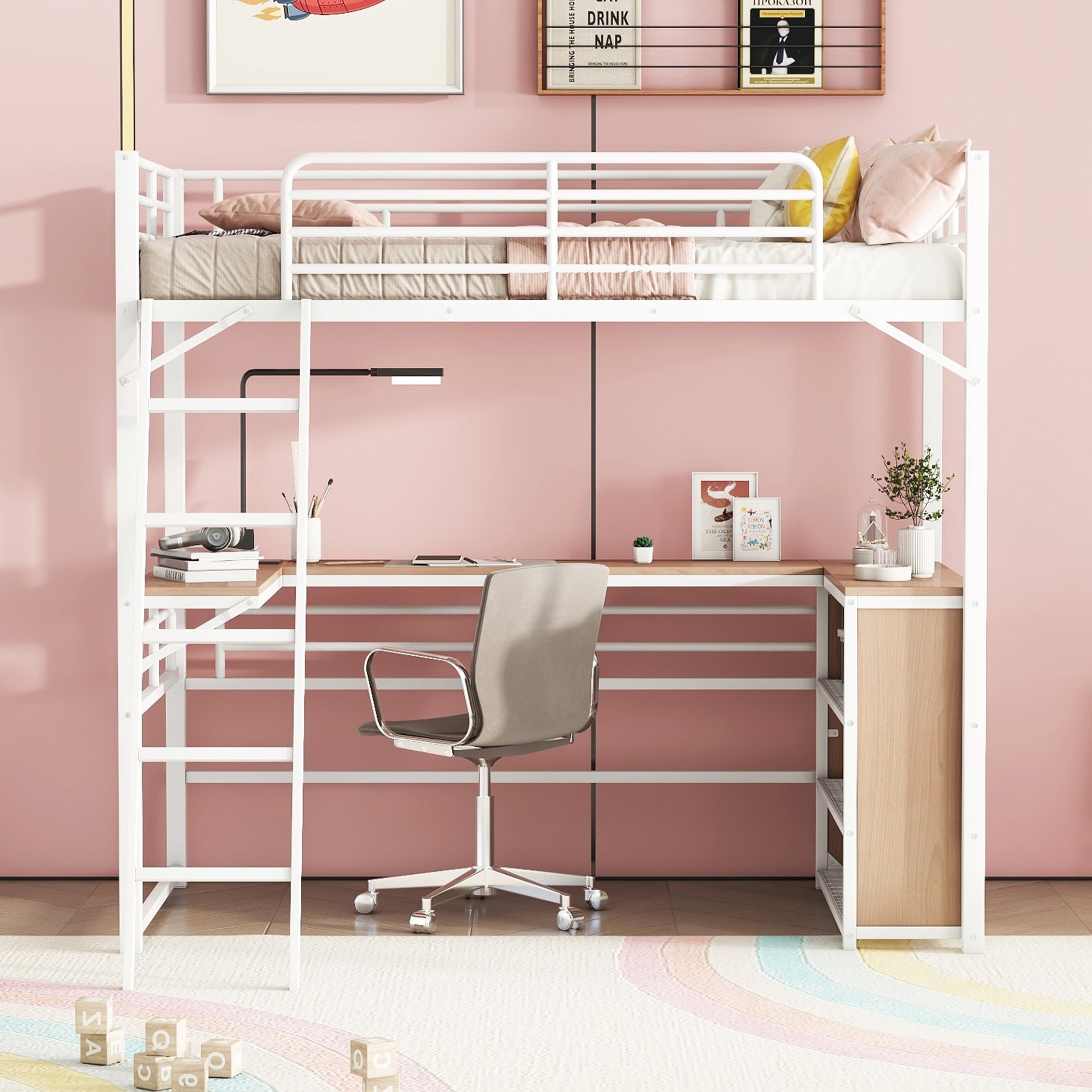 Twin Size Loft Bed With 3 Layers Of Shelves And L-Shaped Desk - White - Image 2