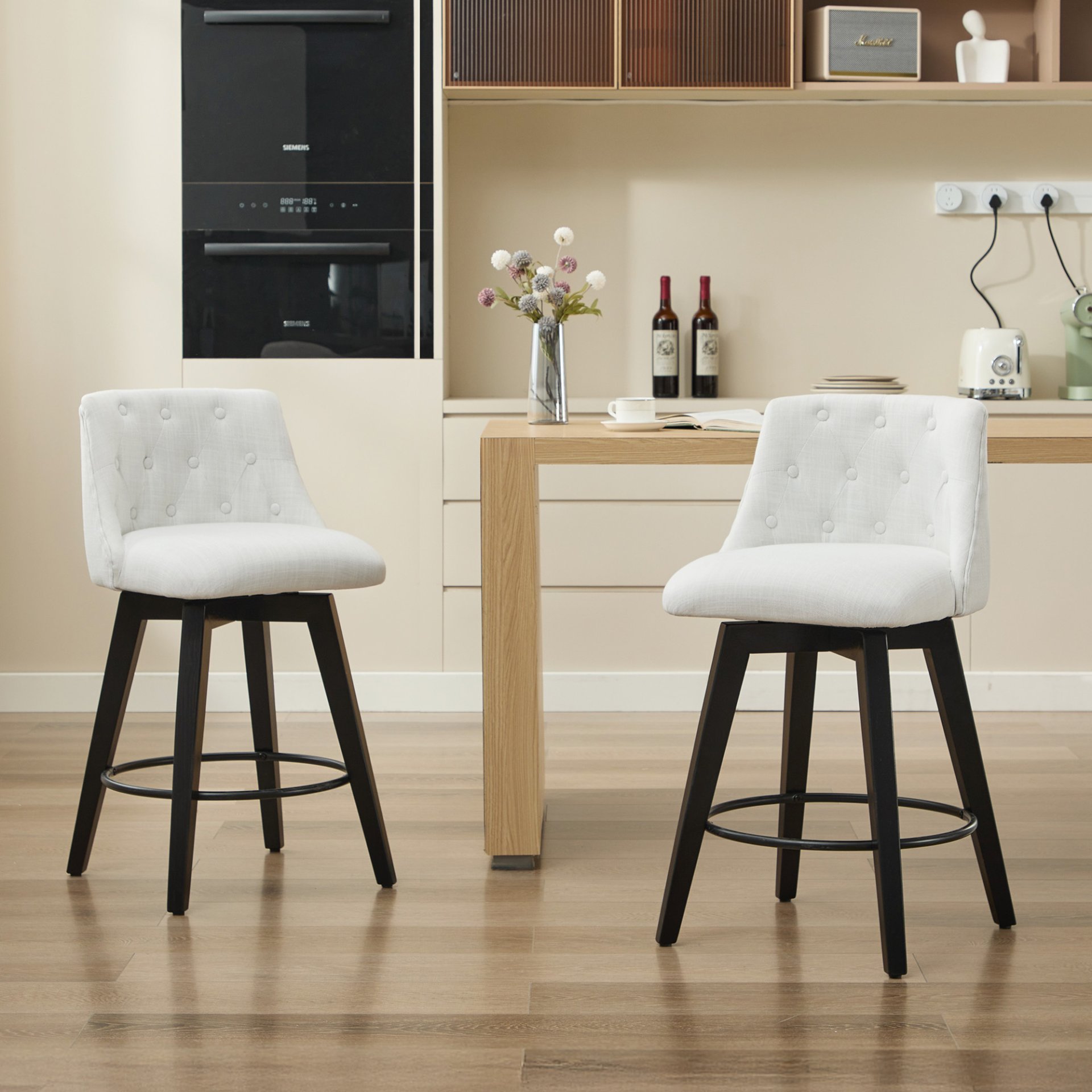 Swivel Bar Stools (Set of 2) Modern Counter Height Stools With Linen Upholstery & Button Tufted Back For Kitchen Island, Breakfast Bar Or Home Pub - White - Image 7