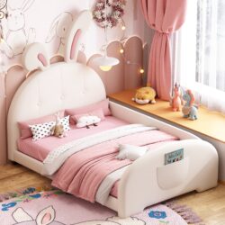 Twin Size Upholstered Rabbit-Shape Princess Bed, Twin Size Platform Bed With Headboard And Footboard - White