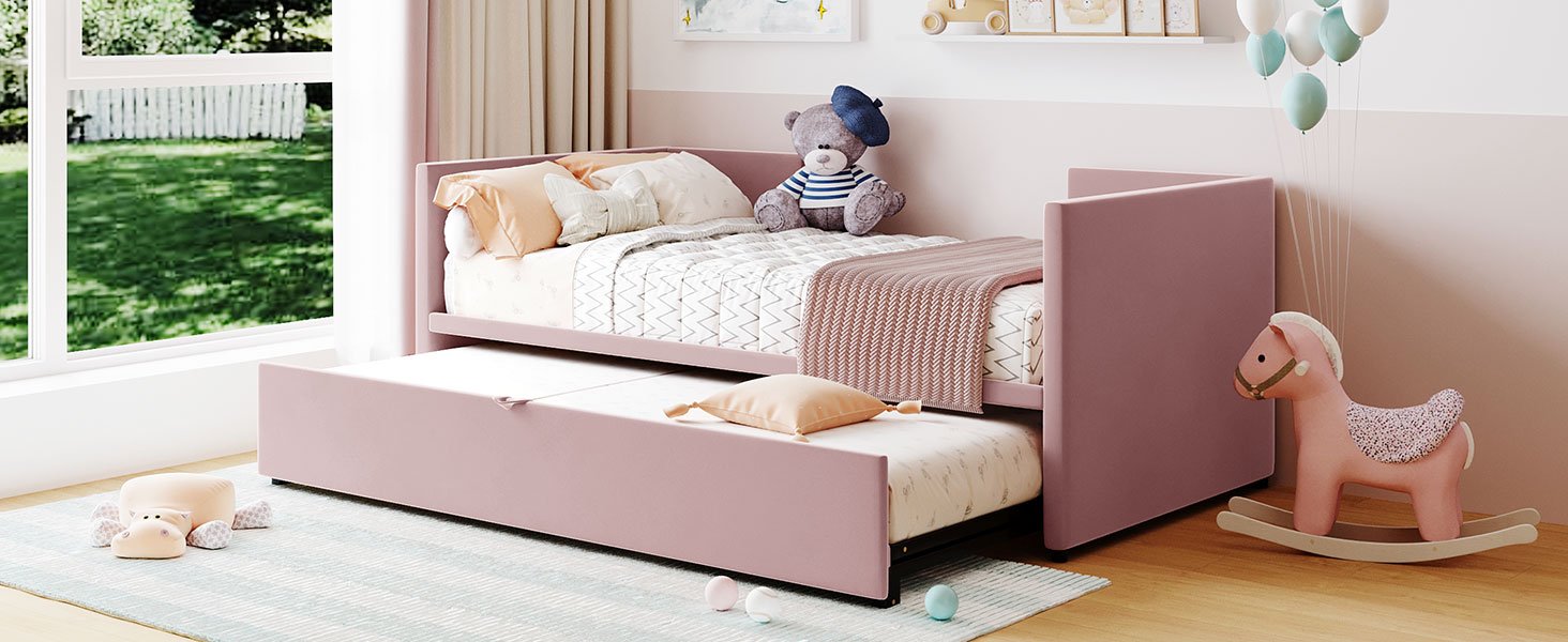 Twin Size Upholstered Daybed With Pop Up Trundle - Pink - Image 14