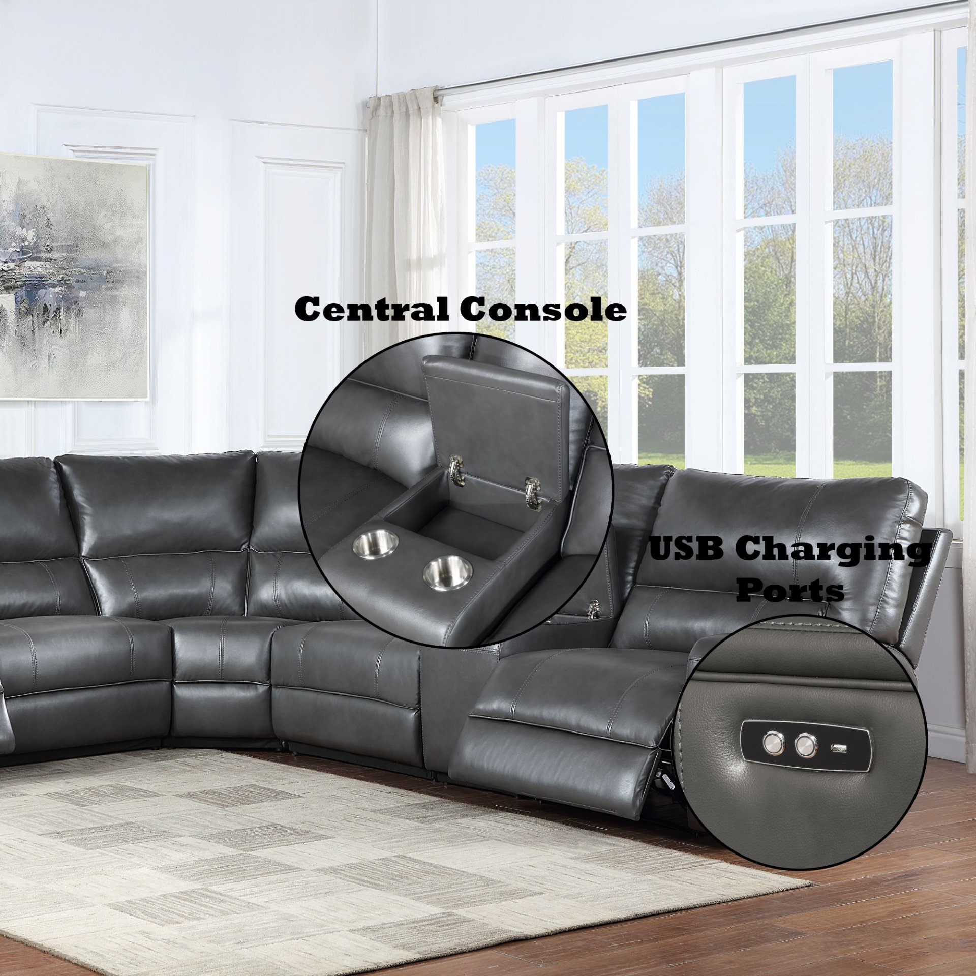 Saul - Leather Aire Power Motion Sectional Sofa With USB Port Cupholder Console - Gray - Image 2