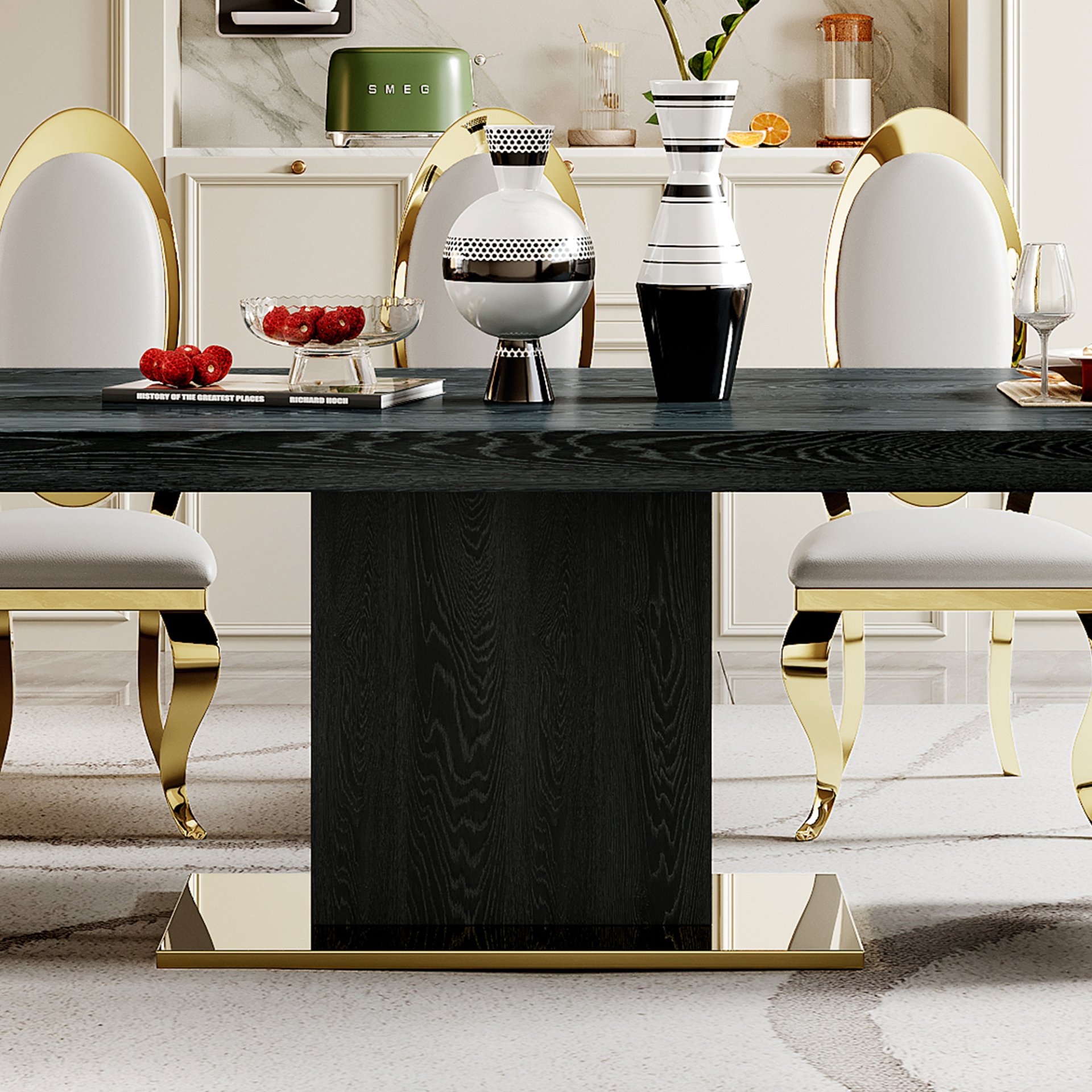 Top Dining Table With Gold Finish Corner, Pillar And Gold Finish Stainless Steel Base - Black - Image 7