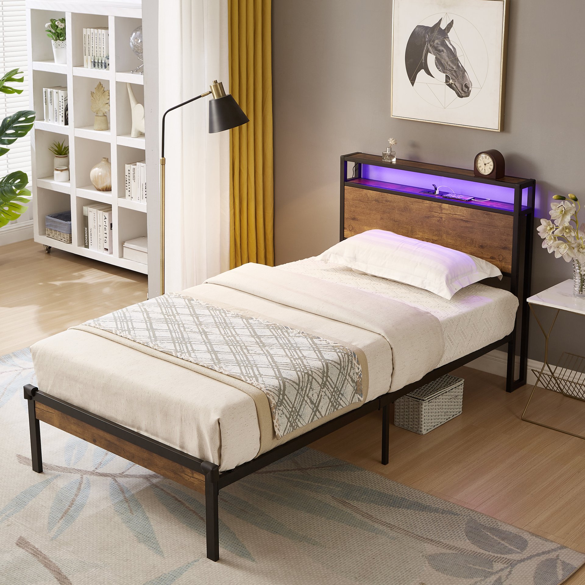 Twin Size Metal Platform Bed Frame With Wooden Headboard And Footboard With USB Liner, LED Lights, No Box Spring Needed, Large Under Bed Storage - Brown - Image 2