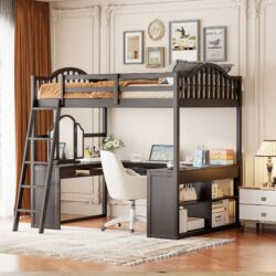 Full Loft Bed With U Shaped Desk, Storage Compartments And Tri Fold Mirror - Espresso