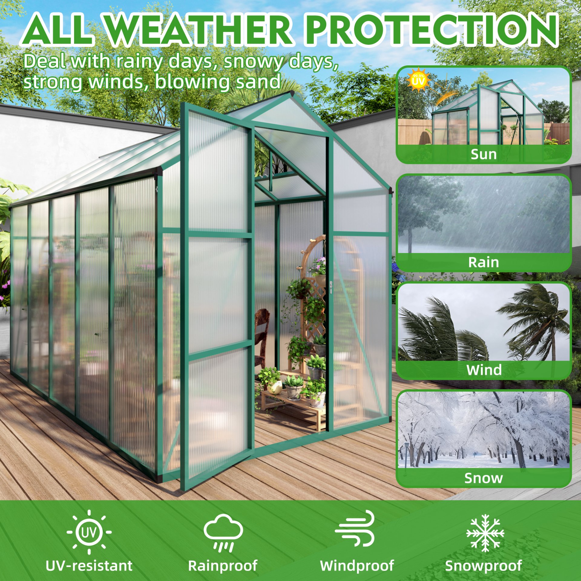 Newly Marketed Gain Height Windproof Aluminum Greenhouse 6 X 10 Ft Polycarbonate Greenhouse Raised Base And Anchor Aluminum Heavy Duty Walk - In Greenhouses For Outdoor Backyard In All Season - Green - Image 2