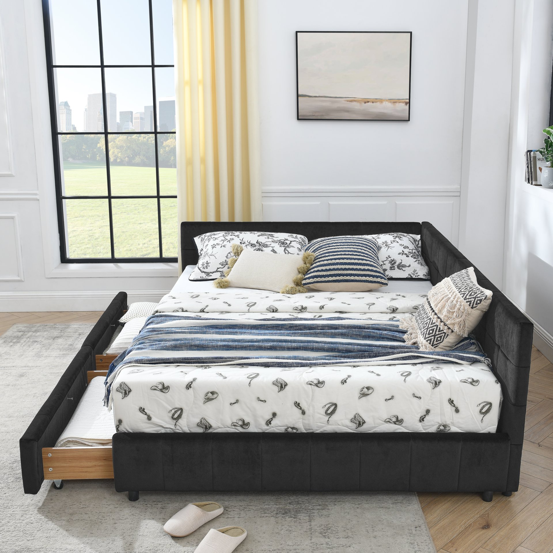 Mid Century Queen Size Storage Upholstered Tufted Bed Frame With Backrest And Armrests Velvet - Black - Image 8