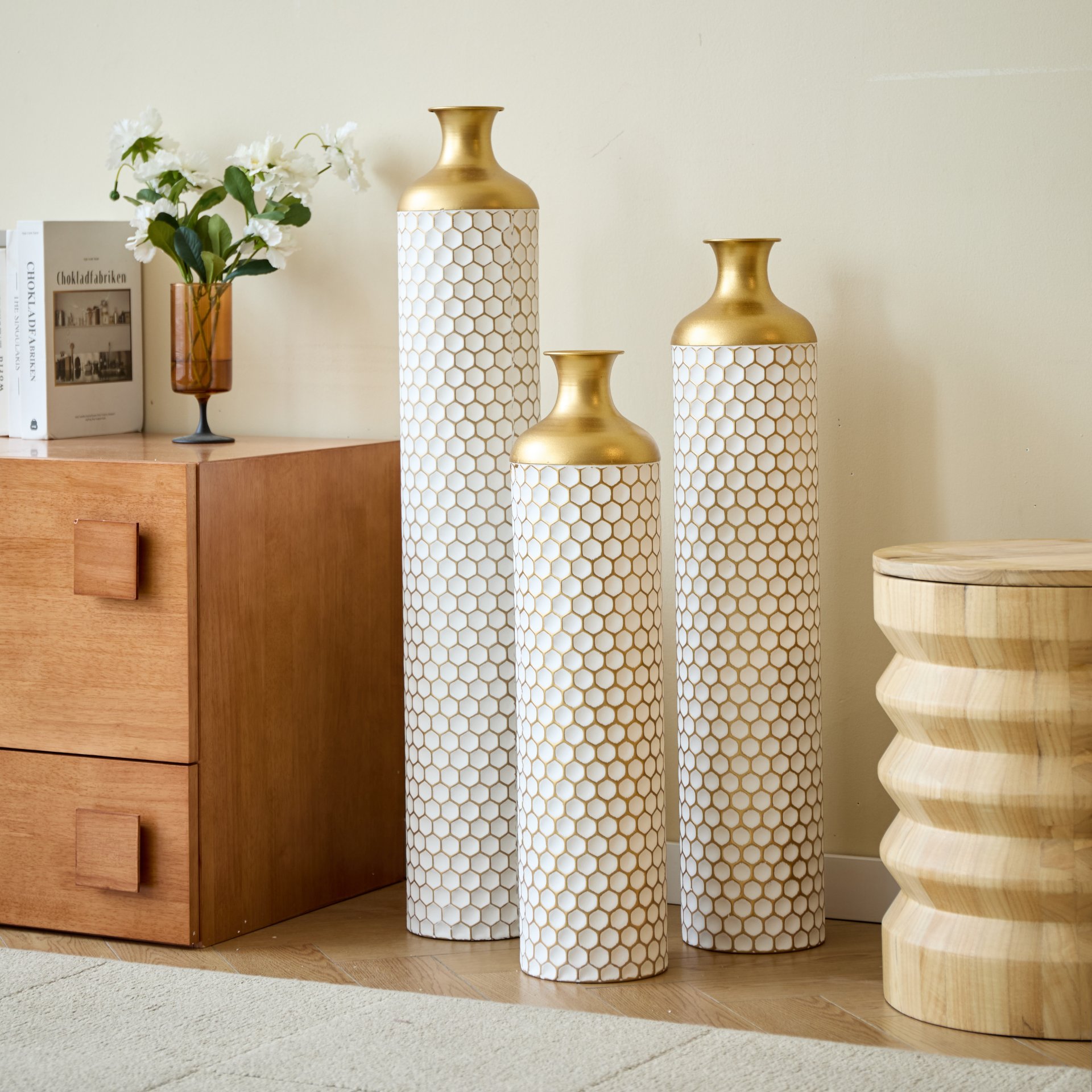 3 Piece Set Gorgeous Home Decoration Large Glazed Floor Vase Decoration Home Droplet Shaped - Gold / White - Image 11