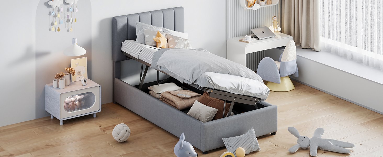 Twin Size Upholstered Platform Bed With A Hydraulic Storage System - Gray - Image 16