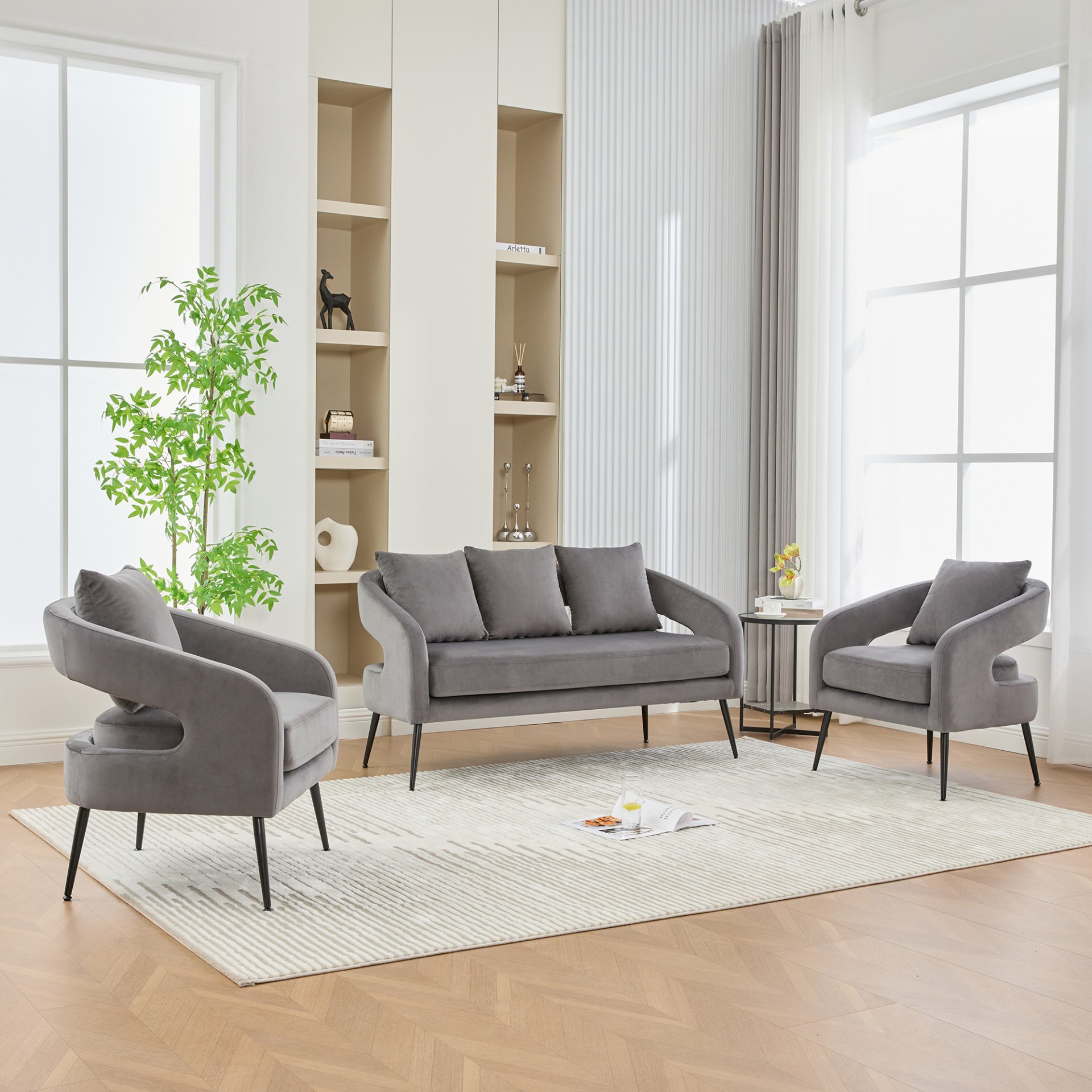 3 Piece Upholstered Sofa Set, Loveseat & 2 Accent Chairs For Small Living Spaces - Charcoal - Image 5