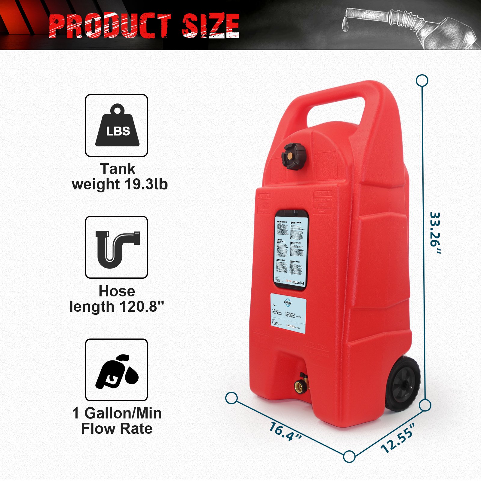 15 Gallon / 57 L Gas Caddy With Wheels Fuel Transfer Tank Gasoline Diesel Can Fuel Storage Tank For Automobiles ATV Car Mowers Tractors Boat Motorcycle - Red - Image 3