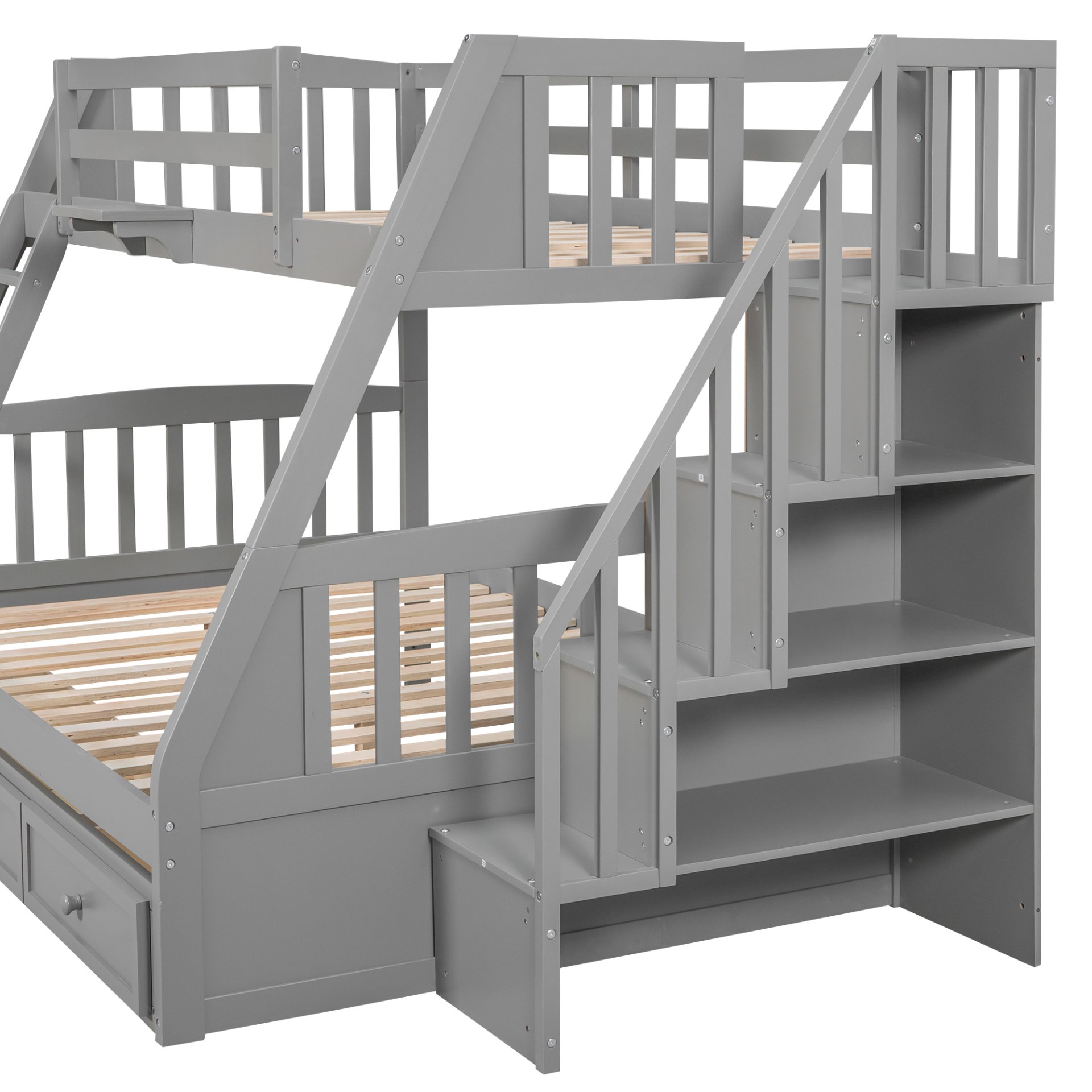 Twin Over Full Bunk Bed With Drawers, Ladder And Storage Staircase - Gray - Image 10