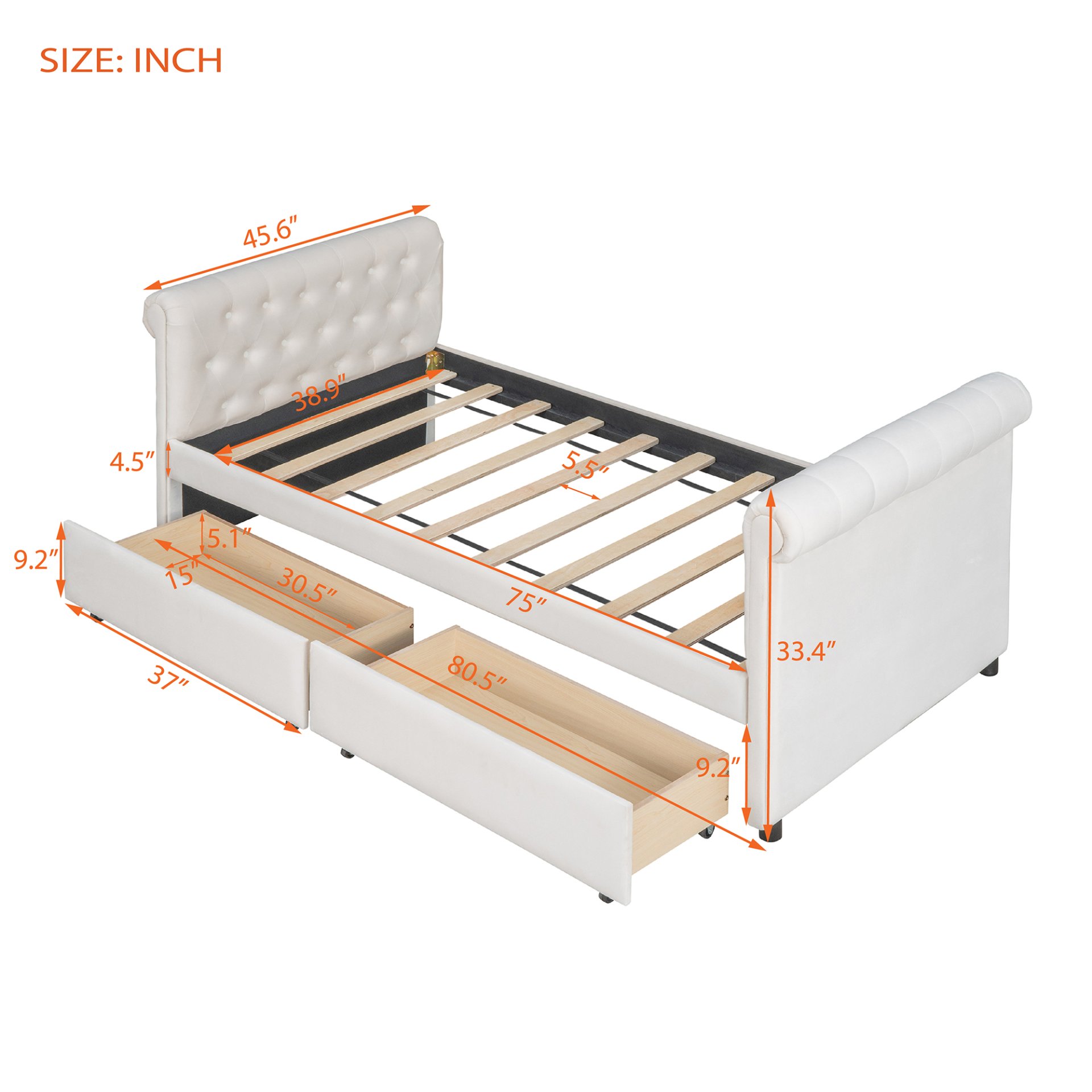 Twin Size Upholstered Daybed With Drawers, Slat Support - Beige - Image 8