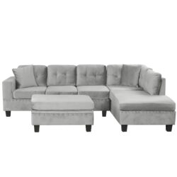 Modern Sectional Sofa With Storage Ottoman, L - Shape Couch With 2 Pillows And Cup Holders - Gray