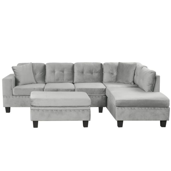 Modern Sectional Sofa With Storage Ottoman, L - Shape Couch With 2 Pillows And Cup Holders - Gray