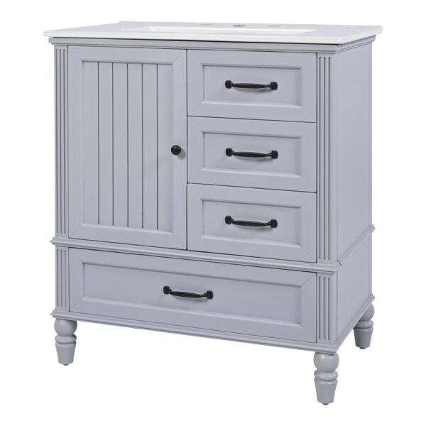 30" Bathroom Vanity With Sink, Bathroom Cabinet With A Door, 3 Drawers Legs, Adiustable Foot Pads - Gray