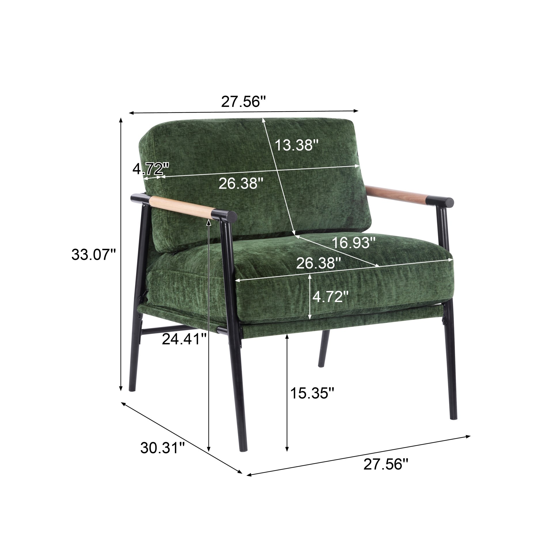 Modern Accent Chair With Plush Cushions, Minimalist Metal Frame, Wooden Armrest Design - Green - Image 3