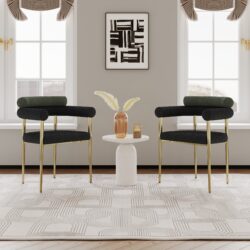 Dining Chairs (Set of 2), Mid-Century Modern Dining Chairs, Kitchen Dining Room Chairs, Round Boucle Backrest Sherpa Dining Chair With Brushed Bronze Metal Legs - Dark Green Black