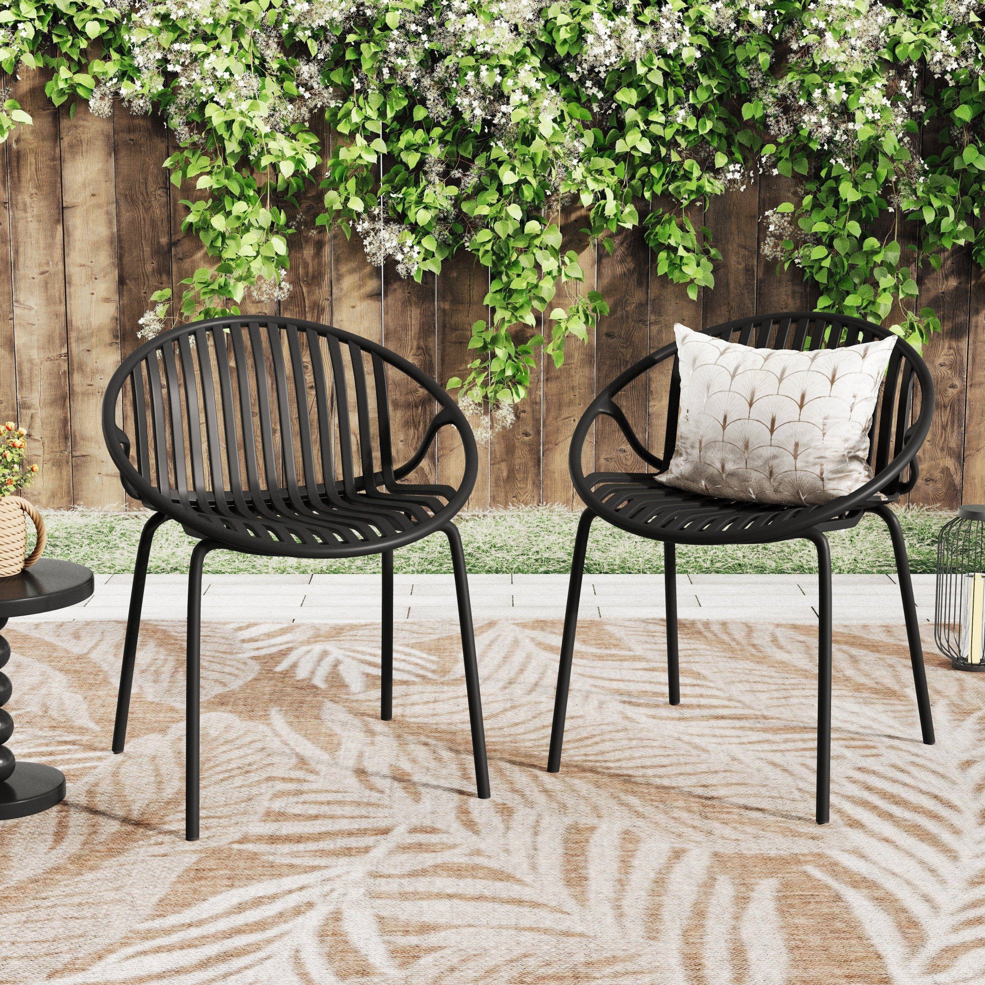 Modern Simple Art Style Patio Dining Chairs With Breathable Design, Metal Legs And Plastic Backrest (Set of 2) - Black - Image 2
