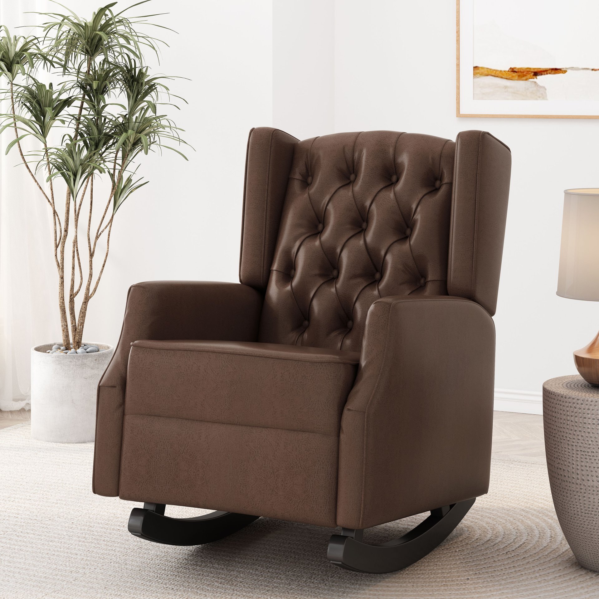 Amedou - Contemporary Tufted Wingback Rocking Chair - Dark Brown - Image 2