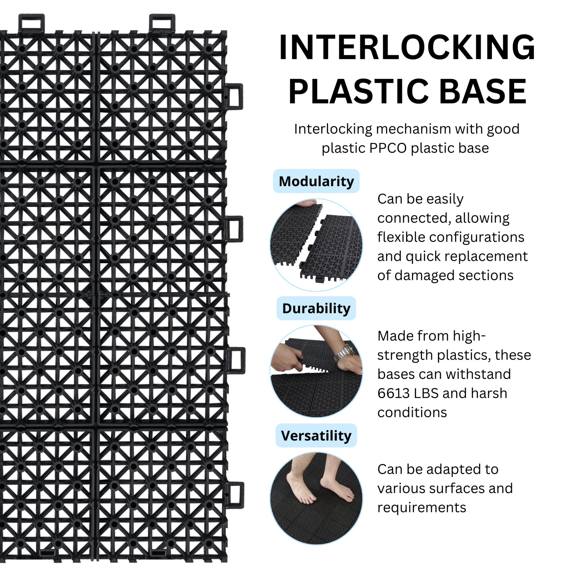 Interlocking Deck Tiles Plastic Waterproof Outdoor All Weather Anti-Slip Bathroom Shower Balcony Porch Strong Weight Capacity Upto 6613 Lbs, Rosette Pattern Pack Of 12 - Black - Image 6