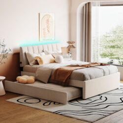 Full Size Upholstered Platform Bed With Twin Size Trundle - Beige