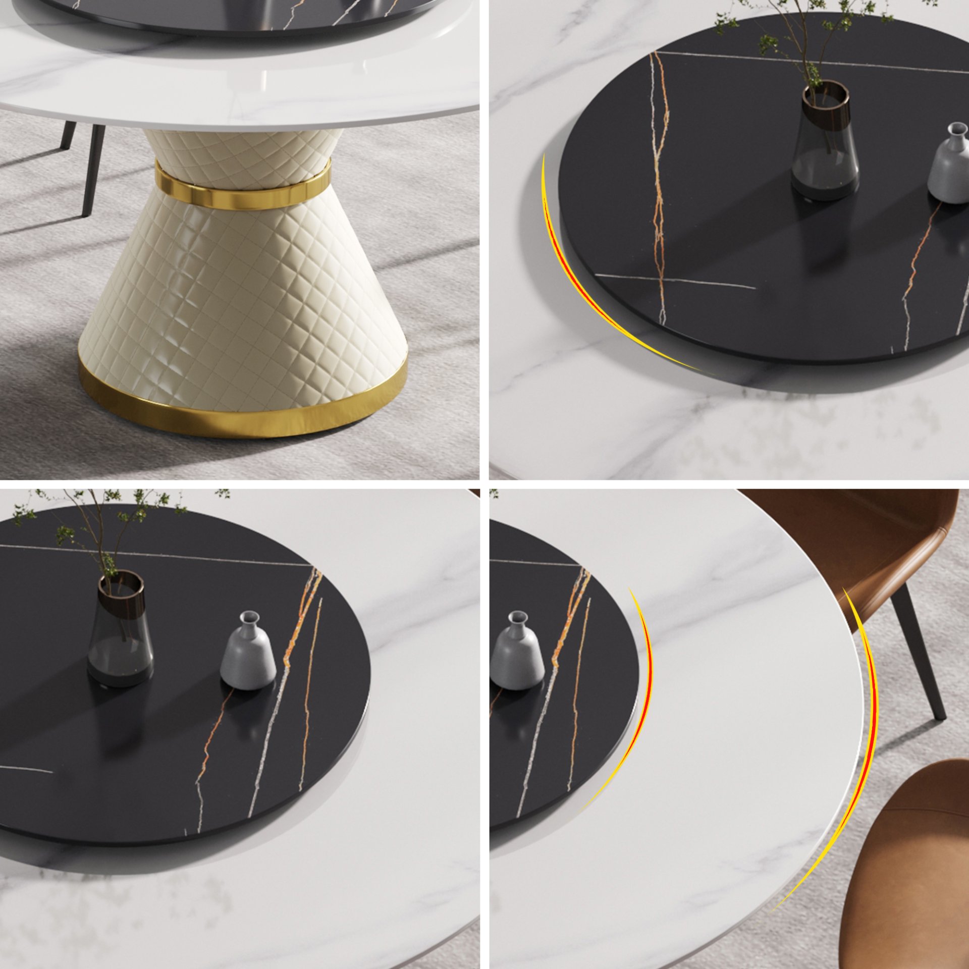 59.05" Modern Artificial Stone Round Carbon Steel Base Dining Table, Black Artificial Stone Turntable - White - Image 8