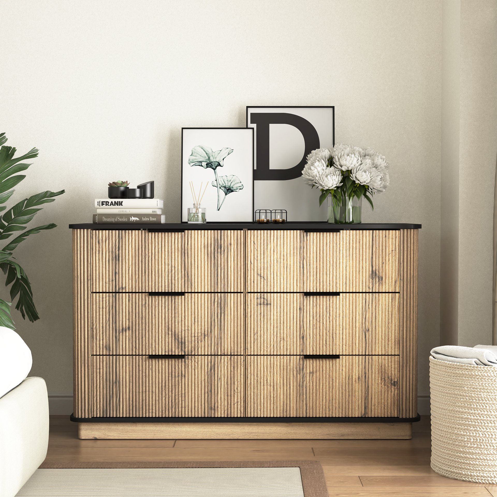 Modern 6 Drawer Cabinet With Metal Rounded Corners And Exquisite Handles Multi Functional Storage - Natural Wood - Image 4