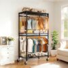Heavy Duty Rolling Clothes Rack With 3 Tier Shelves, 2 Rails & Side Hooks, Adjustable Freestanding Organizer Metal - Black - Image 2