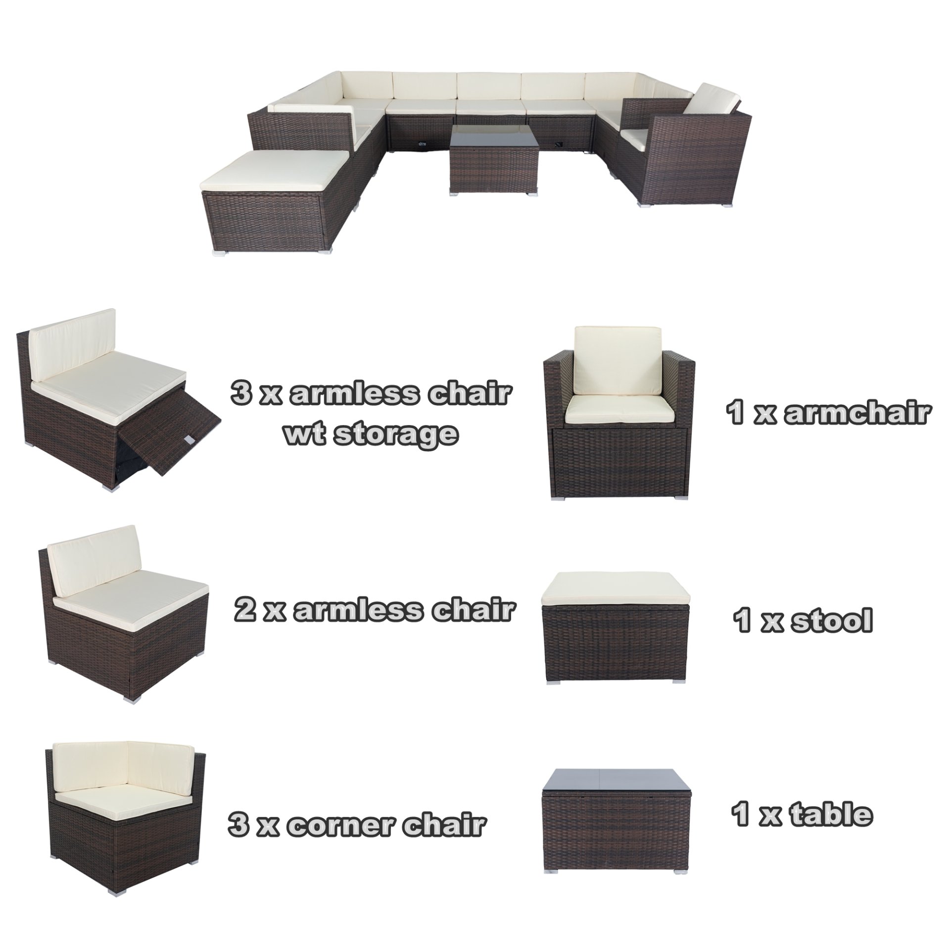11 Piece Patio Wicker Conversation Set, 10 Seater Patio Sectional Set With 3 Storage Box Under Seat - Brown / White - Image 6