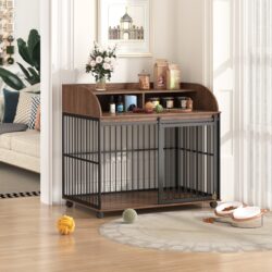 Heavy Duty Large Dog Crate Furniture For Large Medium Dog With Lockable Wheels, Wooden Dog Crate Dog Kennel, End Table Crate With Double Layer Storage - Brown