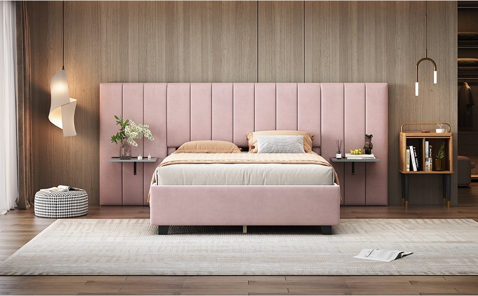 Full Size Upholstered Platform Bed With Big Headboard - Pink - Image 13