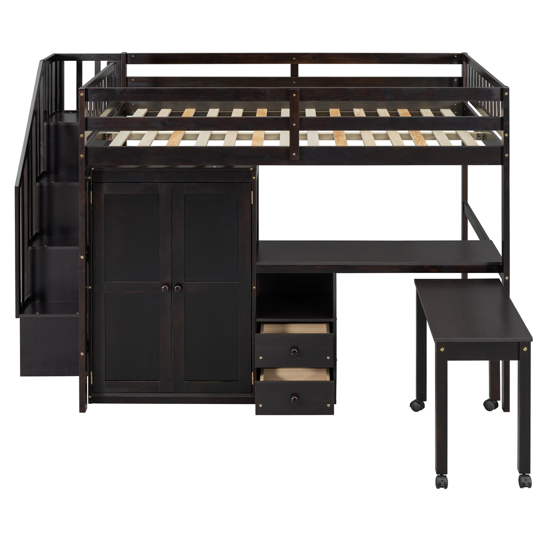 Full Size Loft Bed With Stairs, Bookshelf, Drawers, Desk & Wardrobe, Space Saving Multifunctional Furniture - Espresso - Image 17