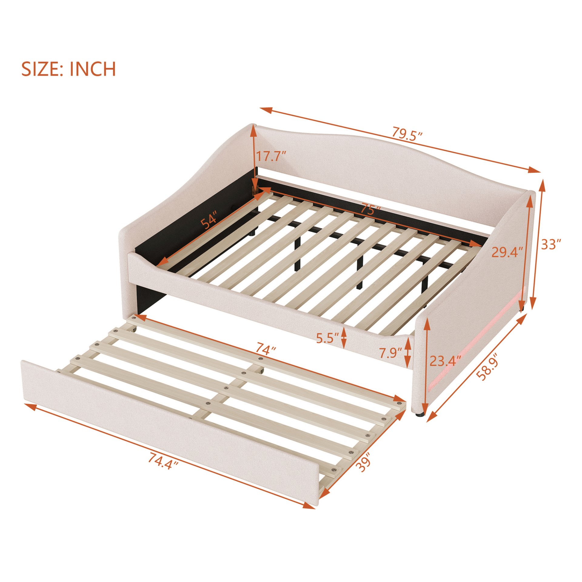 Full Size Upholstered Daybed With Light And Trundle - Beige - Image 7