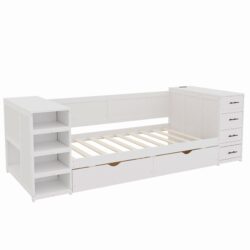 Twin Size Daybed With Side Shelves & Drawers, Multi Functional Desk & Charging Station - White