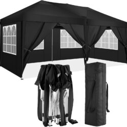 10'X20' Folding Canopy With 6 Removable Sidewalls Outdoor Event Shelter UPF 50+ Gazebo Portable Tents For Parties Beach Camping Wedding Ez Pop Up Canopy - Black