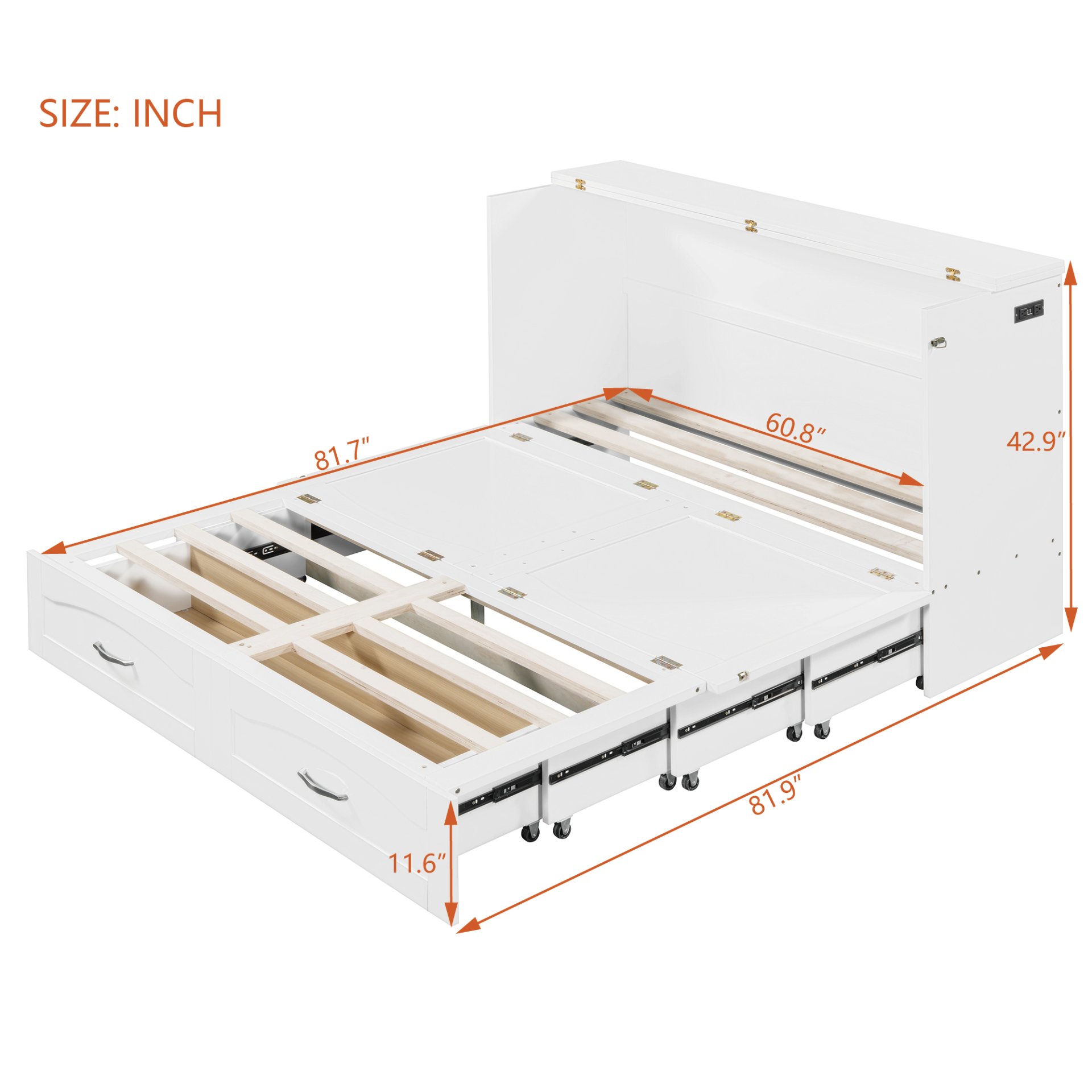 Queen Size Murphy Wall Bed With Drawer And A Set Of Sockets & USB Ports, Pulley Structure Design - White - Image 5