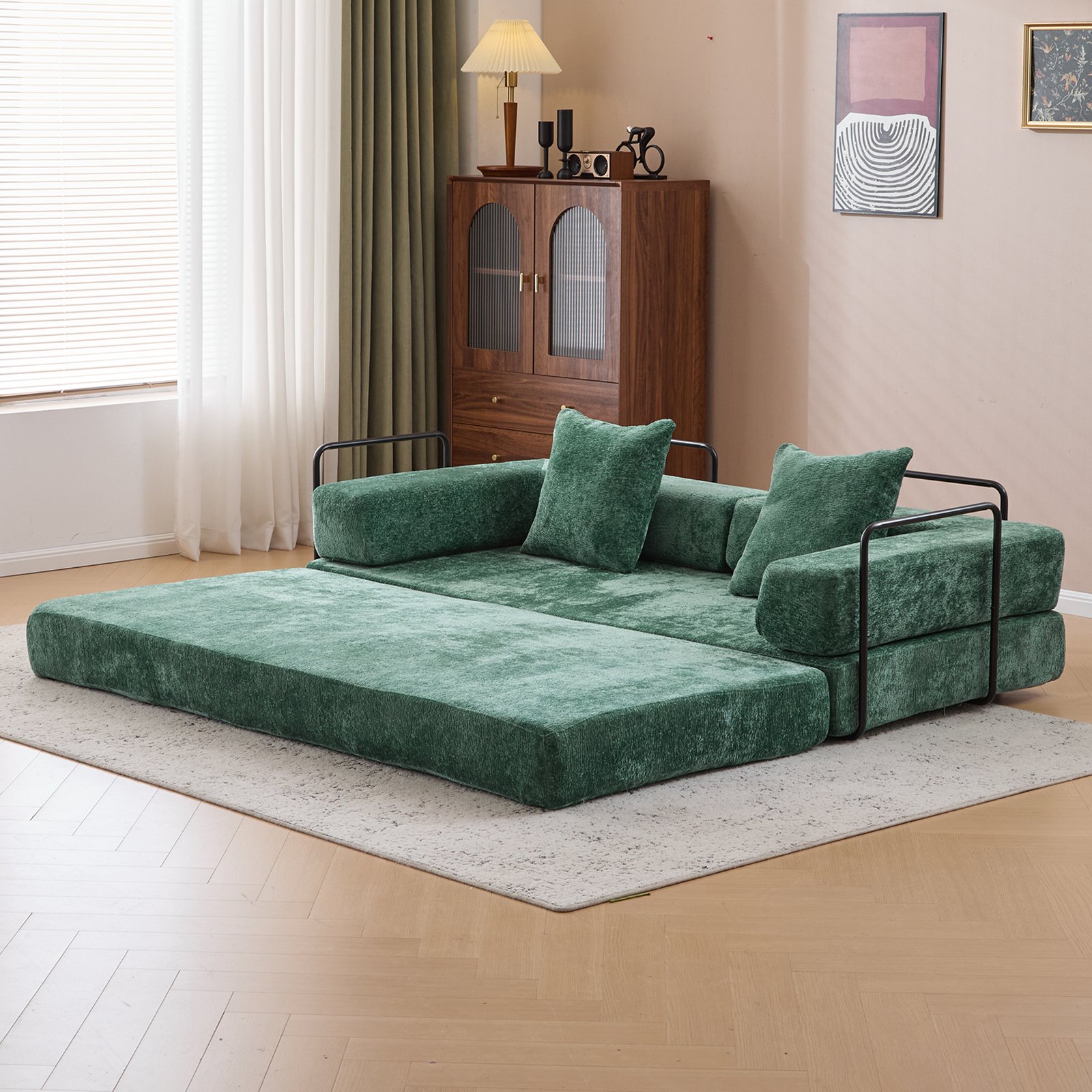 Floor Couch, Compression Sofa, Convertible Floor Sofa Bed & Pillow Back Support Armrest - Dark Green - Image 2