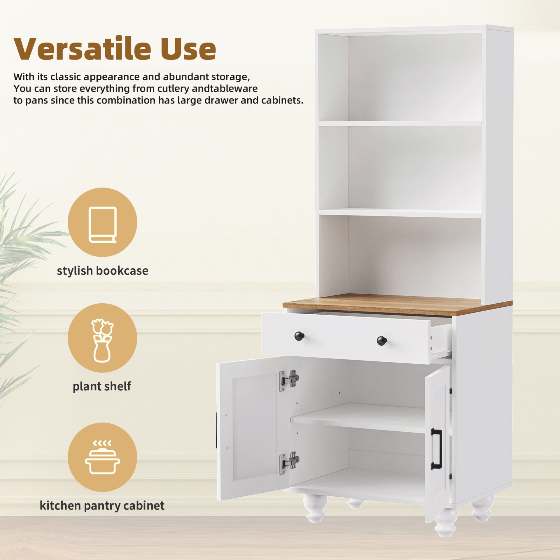 Farmhouse TV Stand With Solid Wood Gourd Shaped Legs For TVs Up To 70", Entertainment Center With Bookshelves & Tempered Glass Doors, Media Console With Adjustable Shelves, Living Room - White / Natural - Image 9