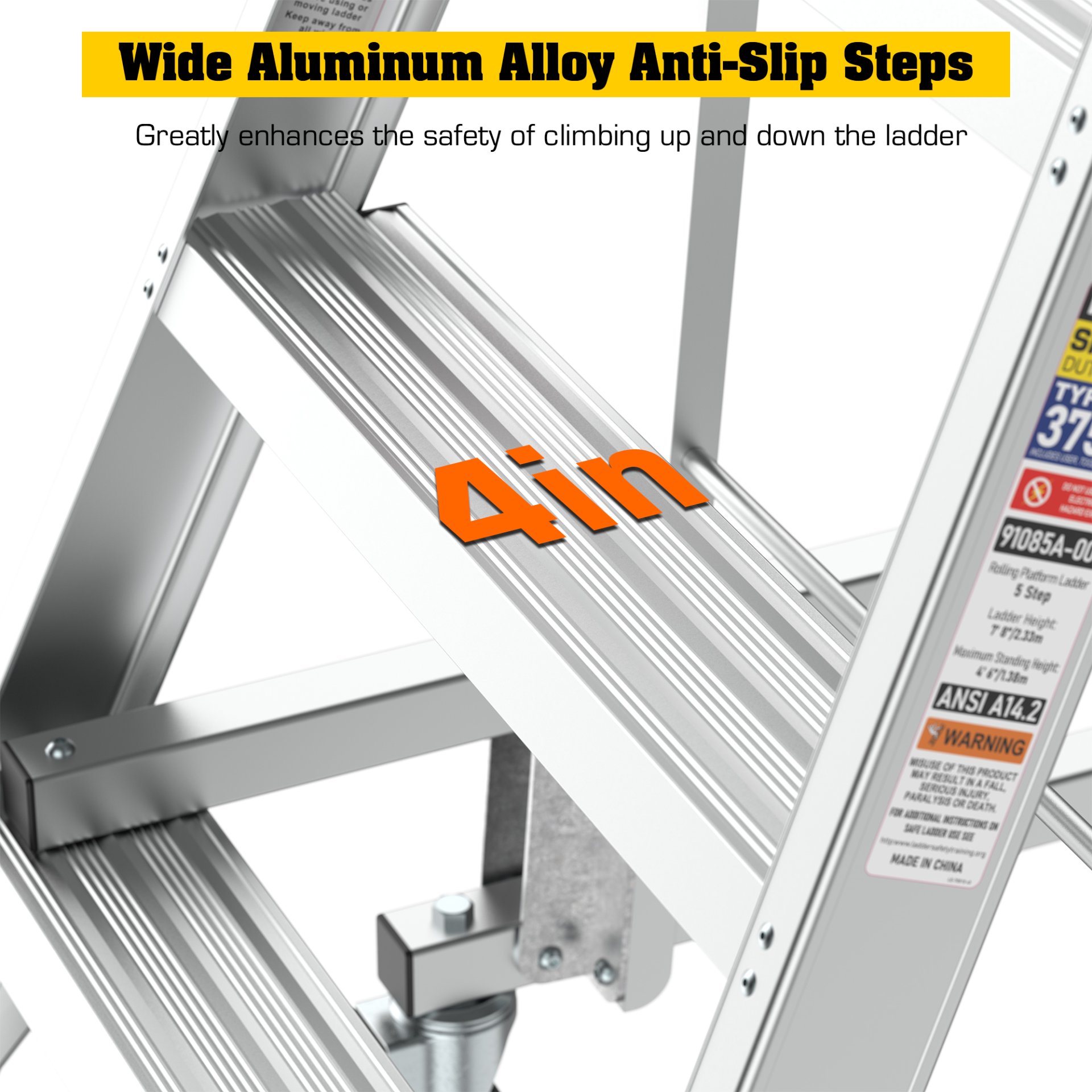 Heavy Duty Aluminum Rolling Platform Ladder With 5 Steps, 375Lbs Capacity - Silver - Image 8