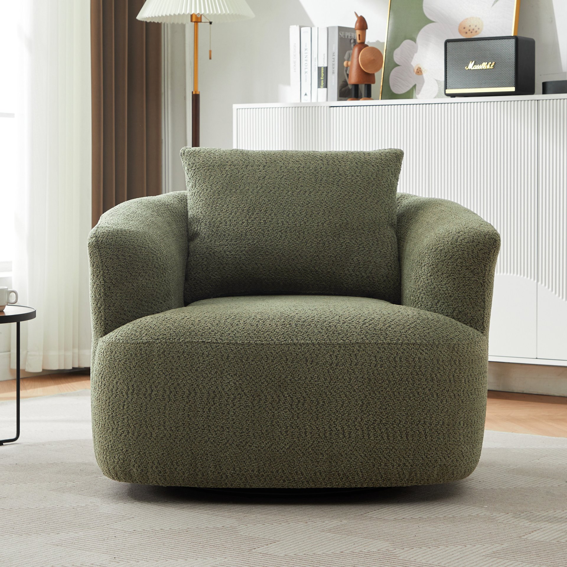 360° Swivel Chair, Chenille Upholstered Barrel Sofa Chair With Throw Pillow, For Living Room, Office - Green - Image 6