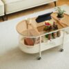 Movable Oval Metal Glass Coffee Table With Storage - White - Image 7