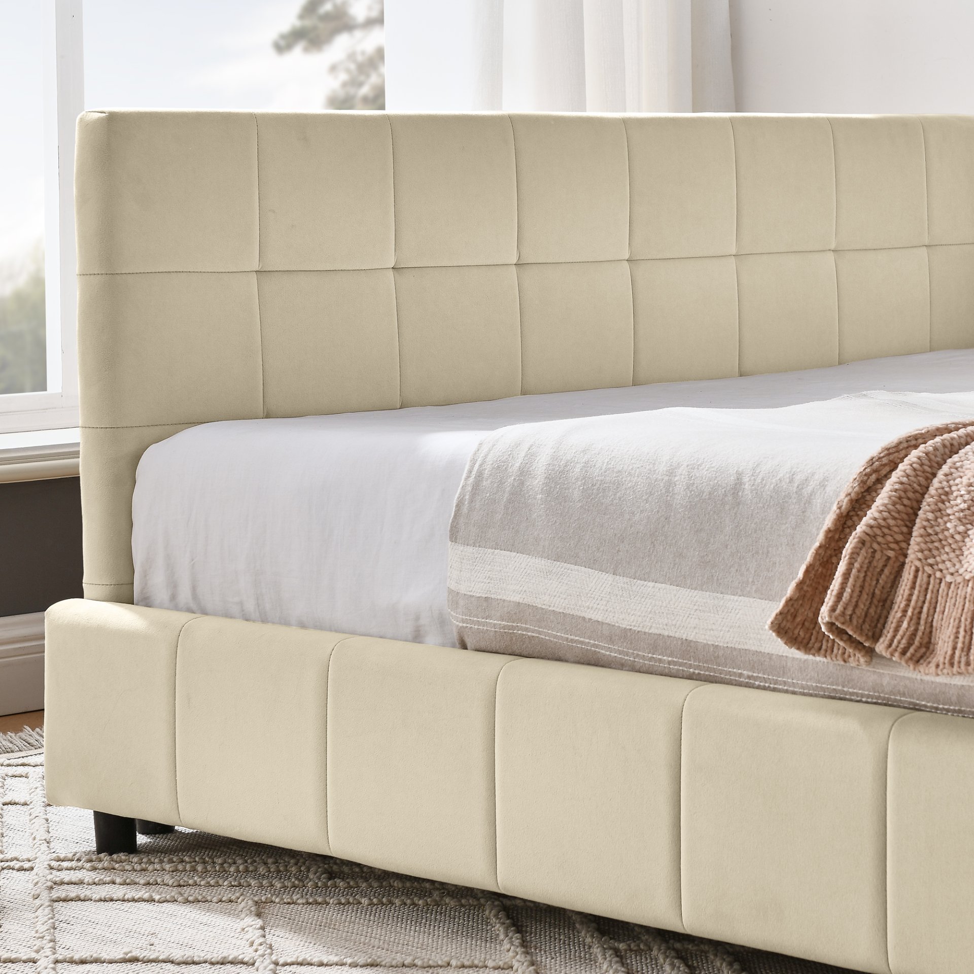 Mid Century Full Size Upholstered Tufted Bed Frame With Comfortable Backrest And Armrests Velvet - Beige - Image 8
