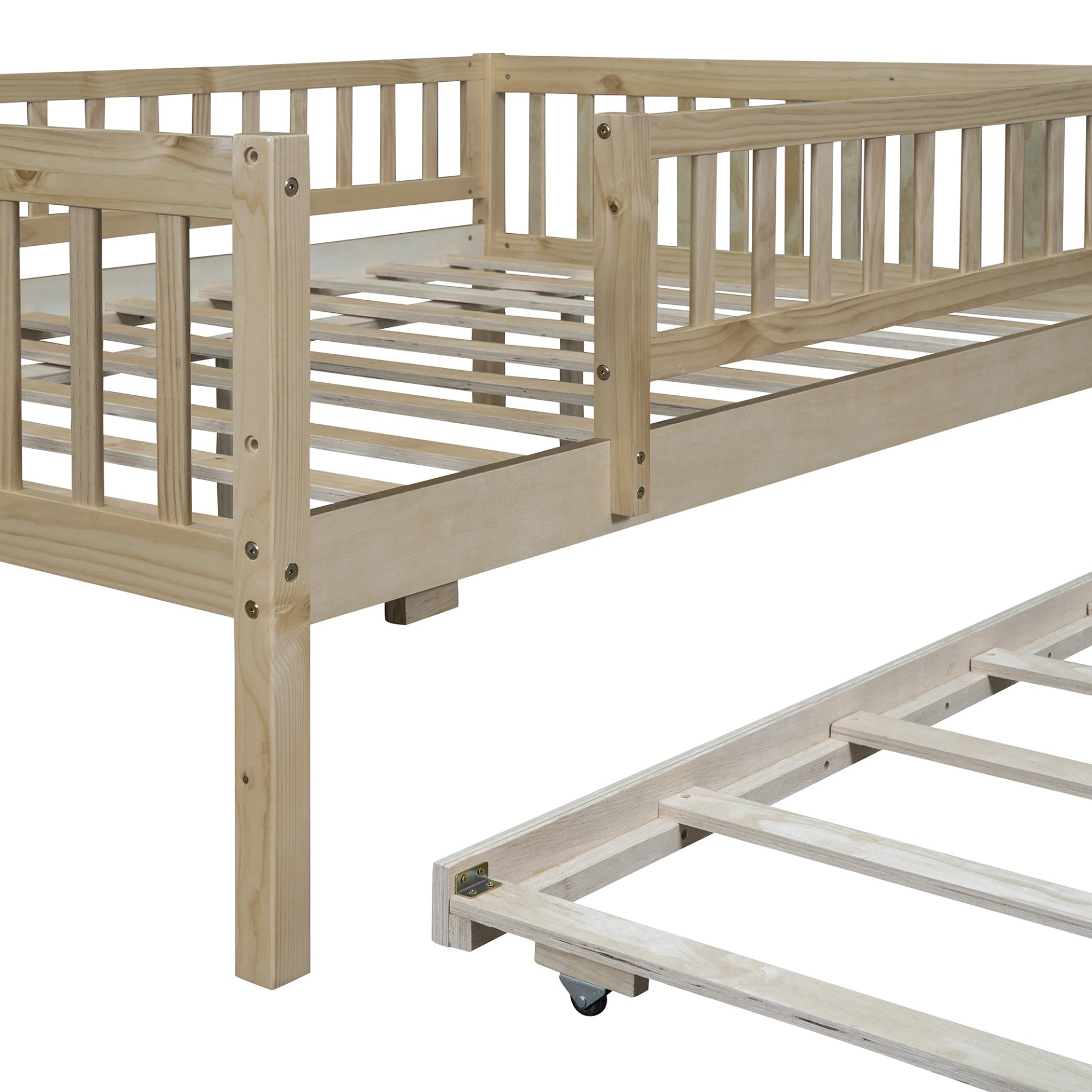 Full Size Daybed With Trundle And Fence Guardrails - Natural - Image 10