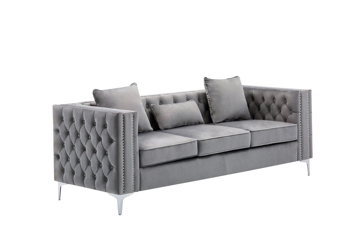 Lorreto - Velvet Fabric Sofa, Loveseat, Chair Living Room (Set of 3) - Gray - Image 3