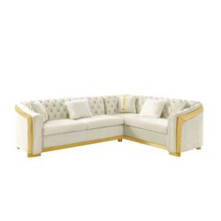 Shaped Chesterfield Sectional Sofa With Stainless Steel Accents Velvet Button Tufted Sofa With 5 Pillows Luxury Couch For Living Room - Beige